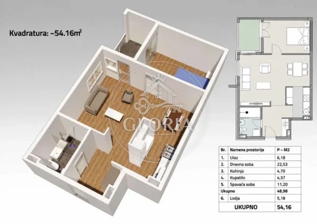 Двухкомнатная квартира, 54 м², © ОпенСтреетМап цонтрибуторс, Чукарица